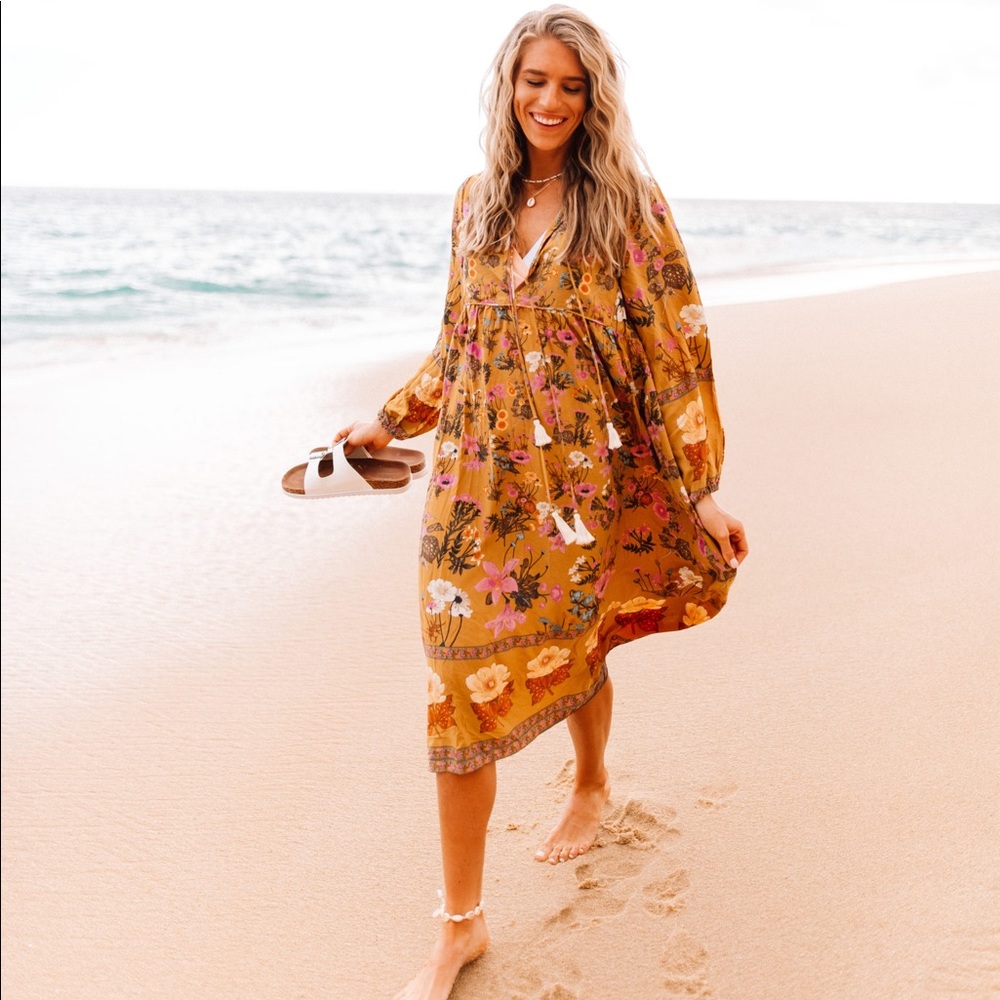 Mustard Yellow Floral Boho Peasant Midi Dress - Picture 2 of 8